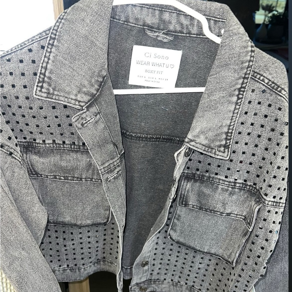 Ci Sono Studded Washed Gray Boxy Denim Jacket